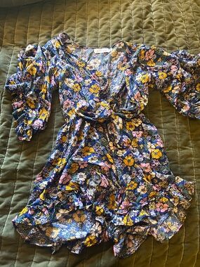 Petal & Pup Blue Floral romper with Yellow and Pink Flowers